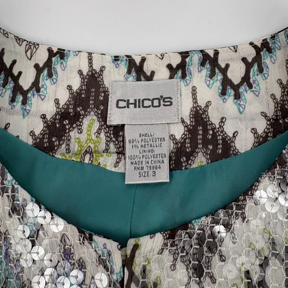 Chicos Sequin Chevron Zigzag Jacket Blue Green Metallic Hook Eye‎ Size 3 XL